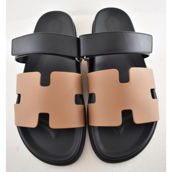 Hermes Chypre Sandal Mens Black Naturel Safari Leather H Logo Slide Flat 45 12 - Picture 5 of 13